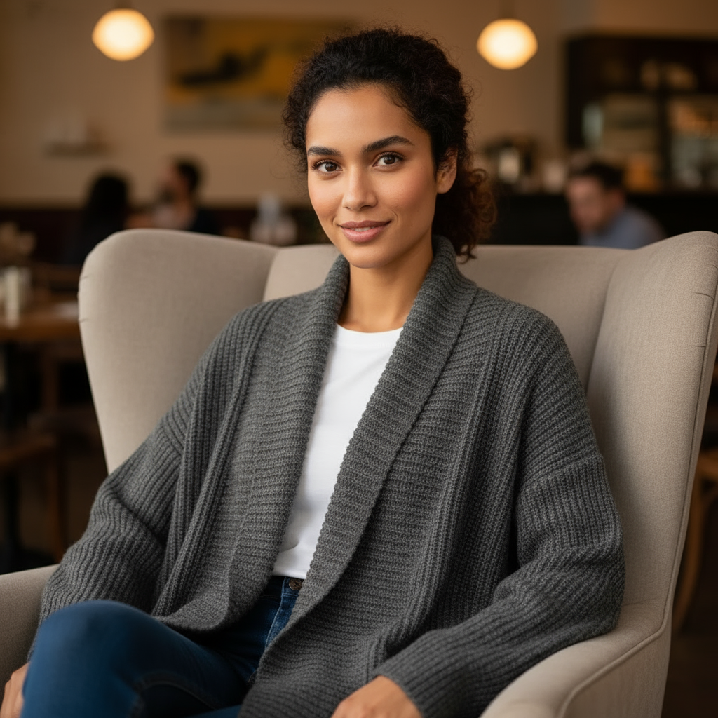 Woman sitting on a couch in a cozy indoor setting