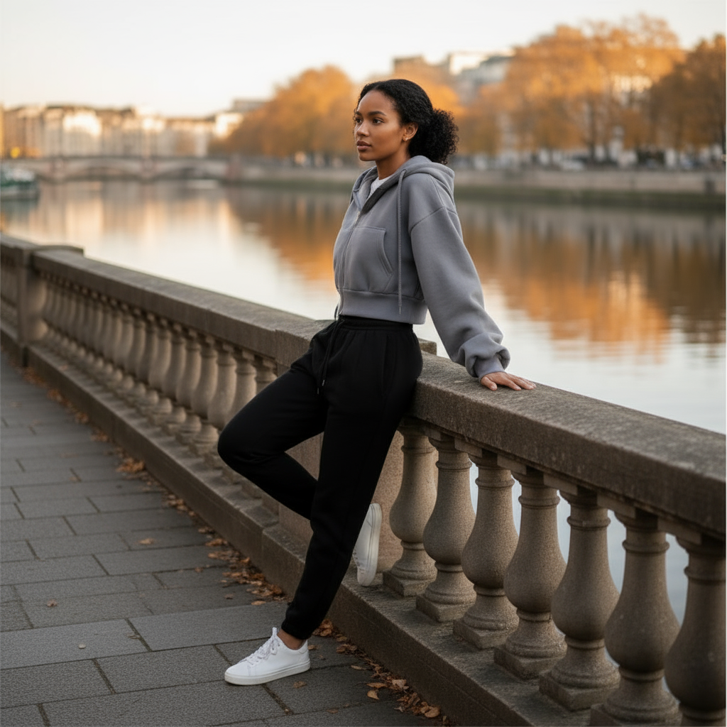 Woman in gray hoodie and black pants leaning on a stone railing by a river at sunset.