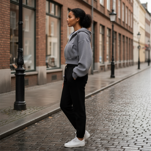Woman in gray hoodie and black pants standing on a cobblestone street.