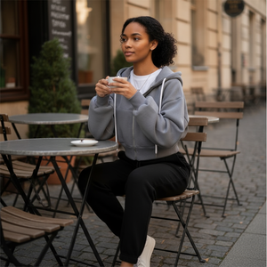 Woman sitting at an outdoor cafe table using a smartphone.