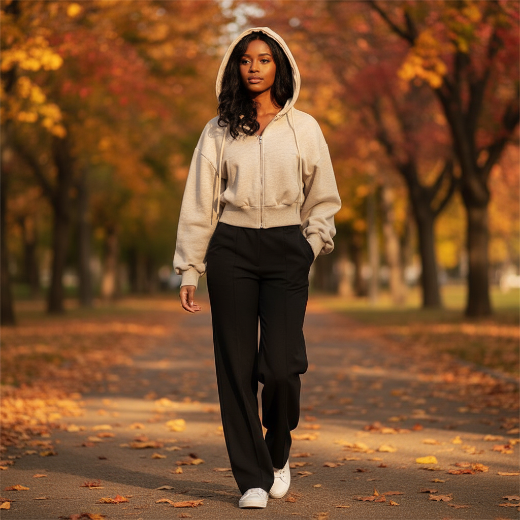 Woman walking in a park with autumn foliage