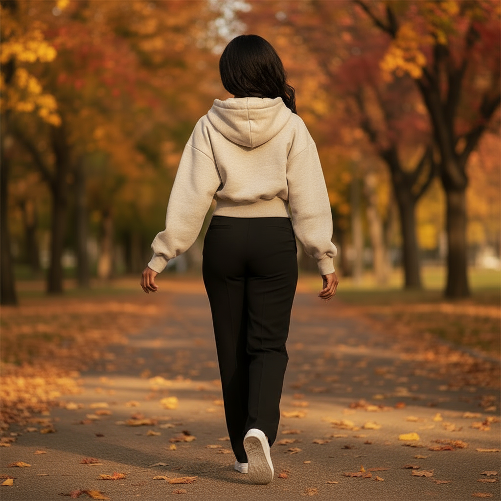Person walking away on a path in an autumn park with colorful trees.