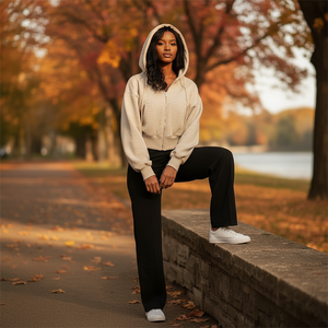 Woman in a white hoodie and black pants sitting on a stone wall in an autumn park.