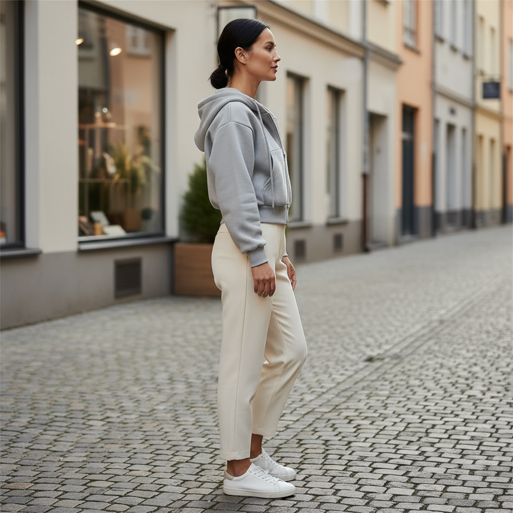 Woman in gray hoodie and white pants standing on a cobblestone street.