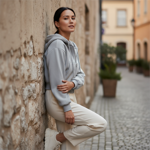 Woman in a gray hoodie and beige pants leaning against a stone wall on a street.