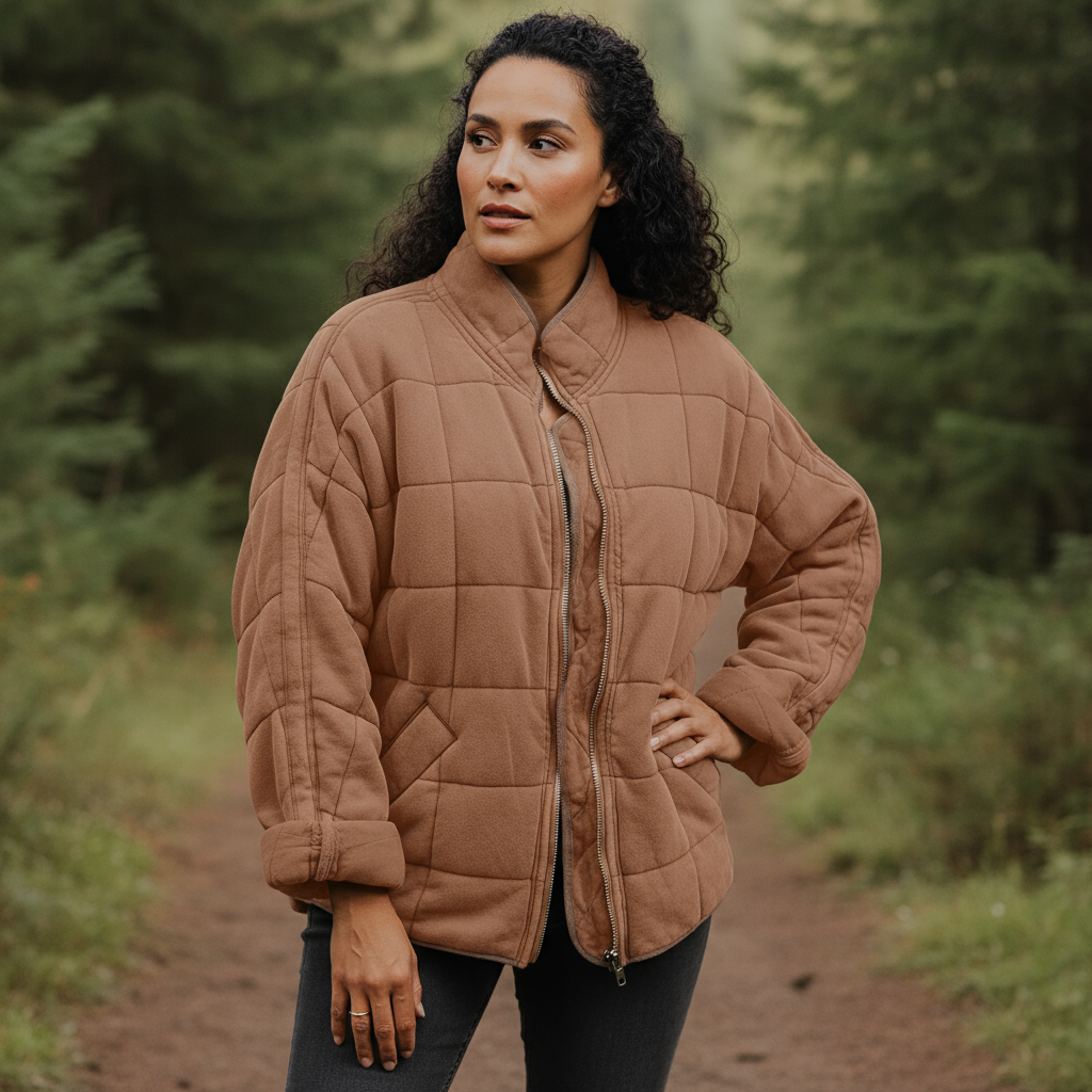 Woman wearing a brown quilted jacket in a forest setting