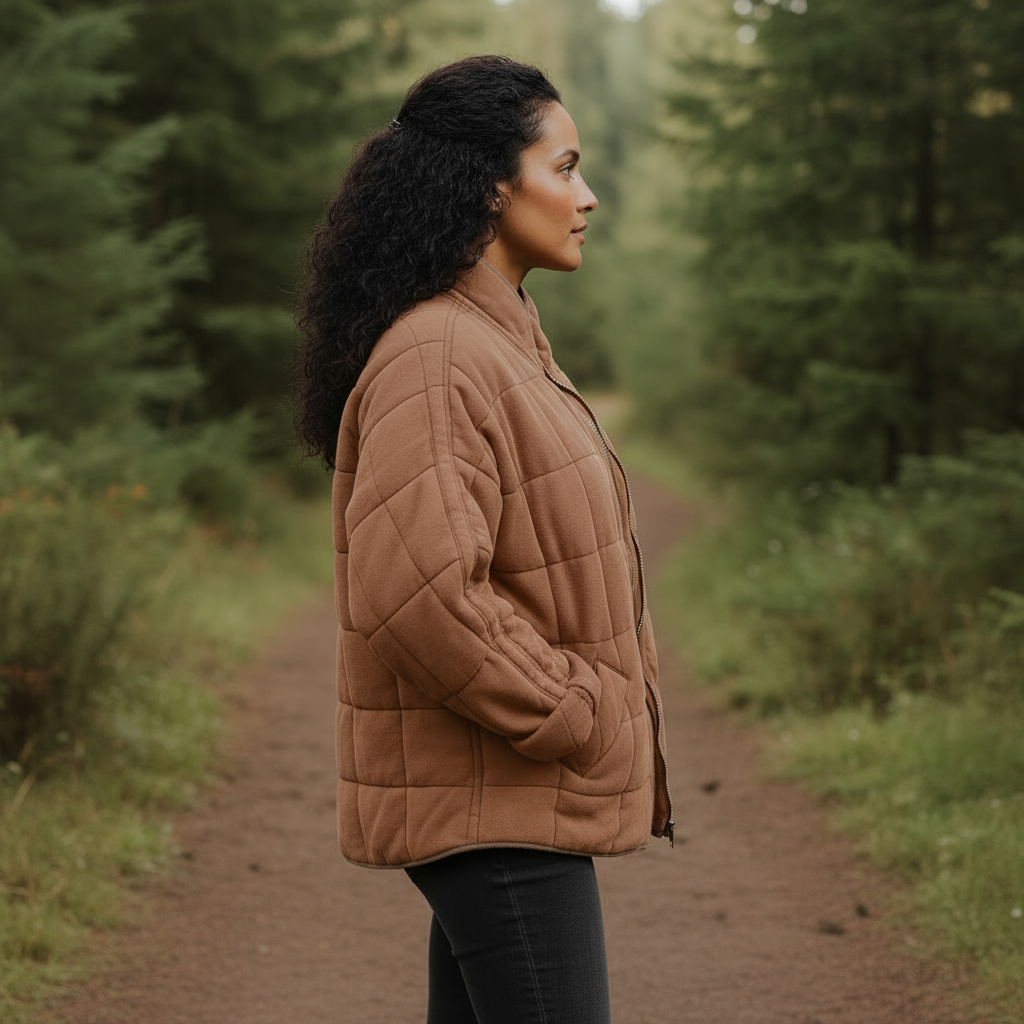 Woman in a brown quilted jacket standing on a forest path