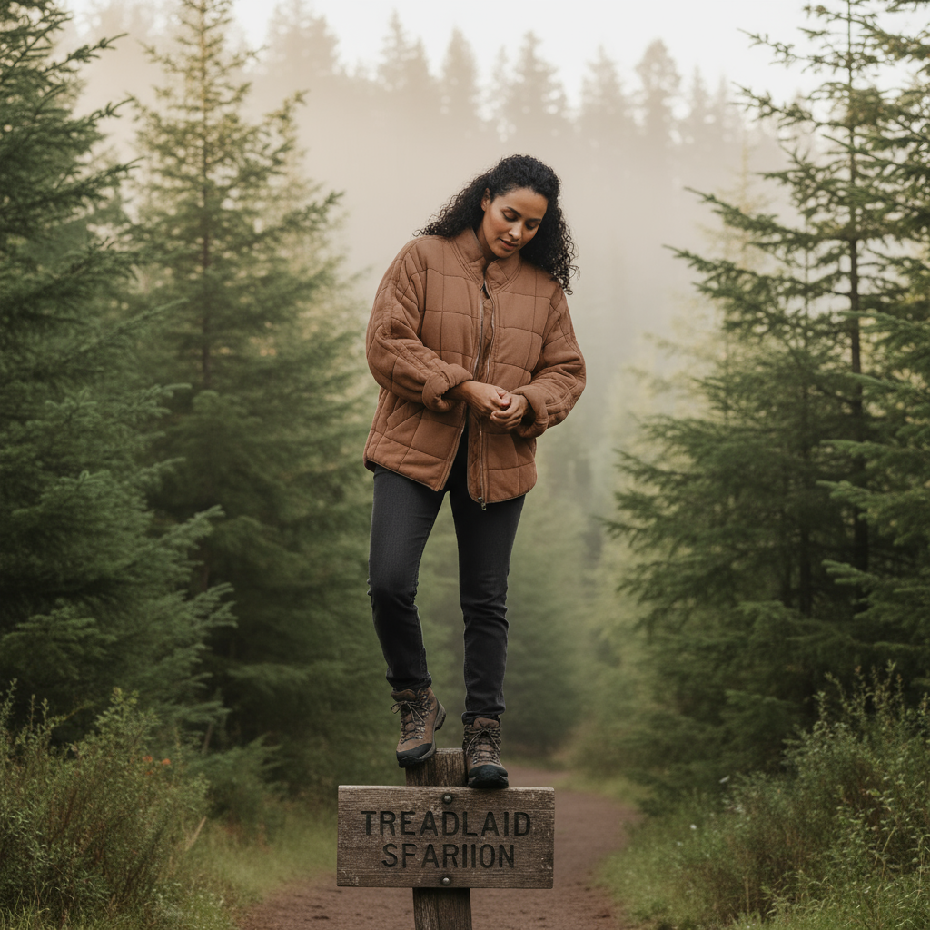 Woman standing on a wooden sign in a forest