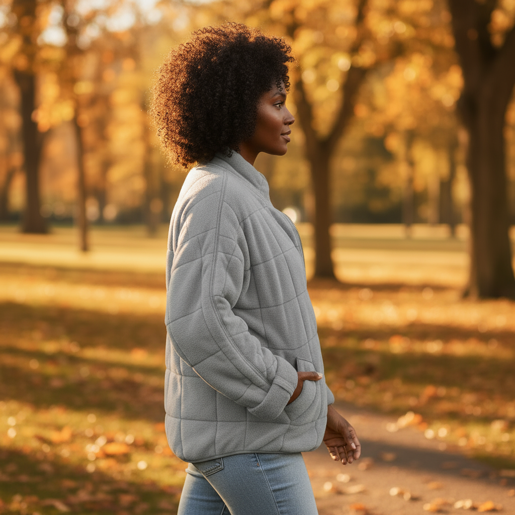 Woman in a gray quilted jacket walking in a park with autumn foliage.