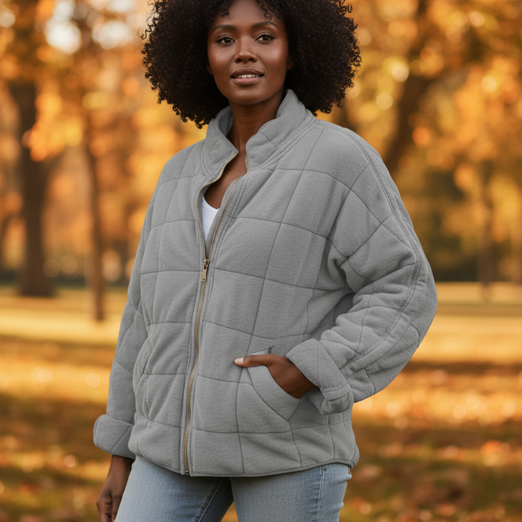 Woman wearing a gray quilted jacket in an autumn park setting