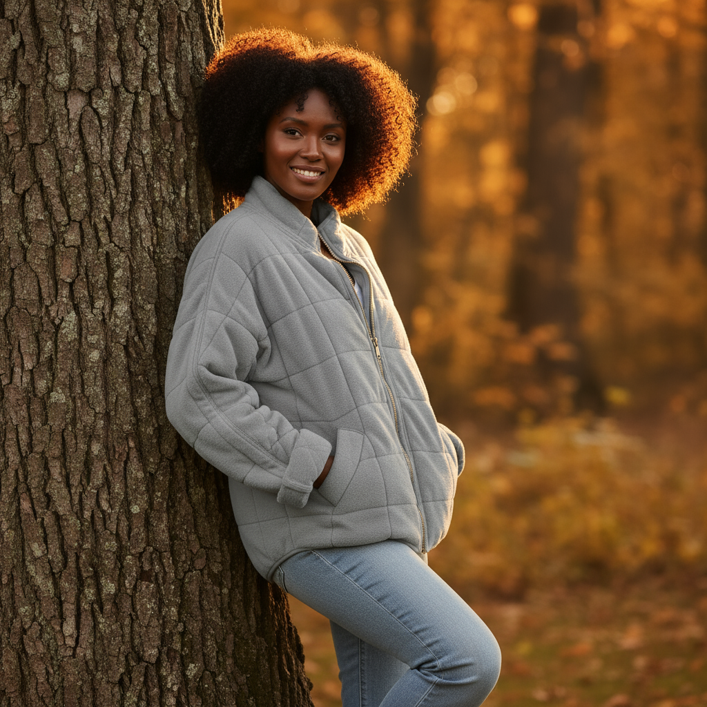 Woman leaning against a tree in a forest during autumn