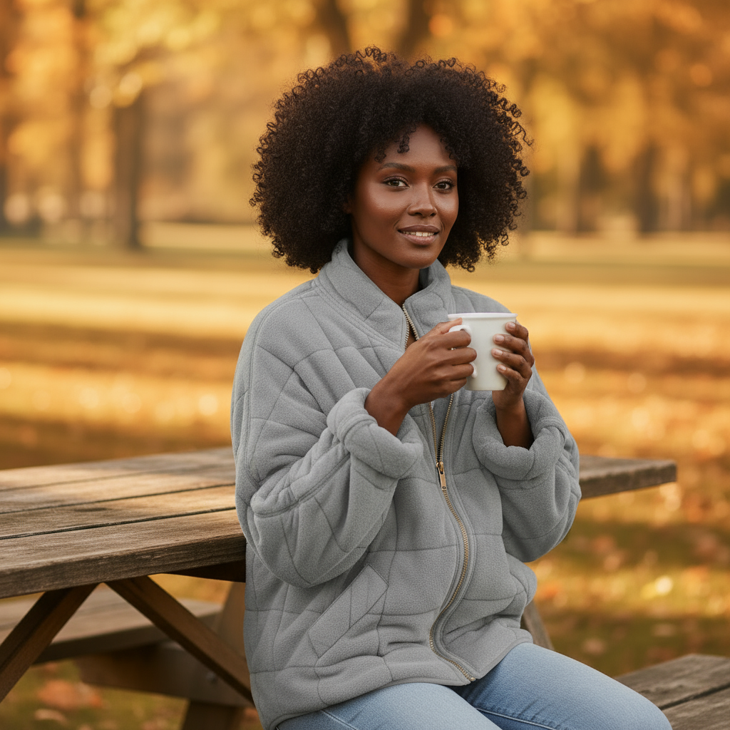 Woman holding a mug in an autumn park setting