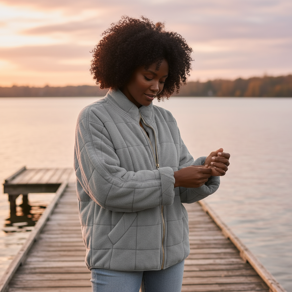 Woman in a quilted jacket standing on a dock by a lake at sunset