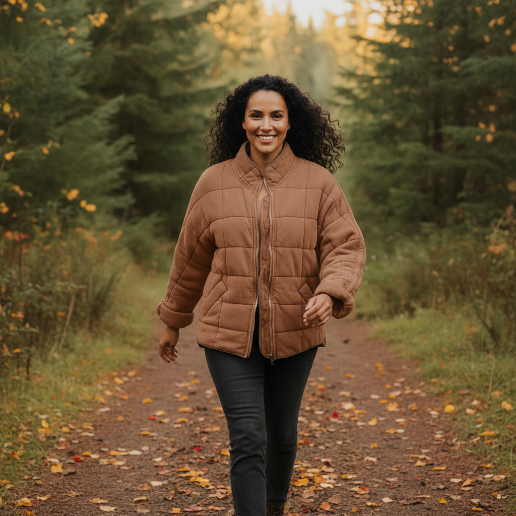 Woman in a brown quilted jacket walking on a path in a forest during autumn.