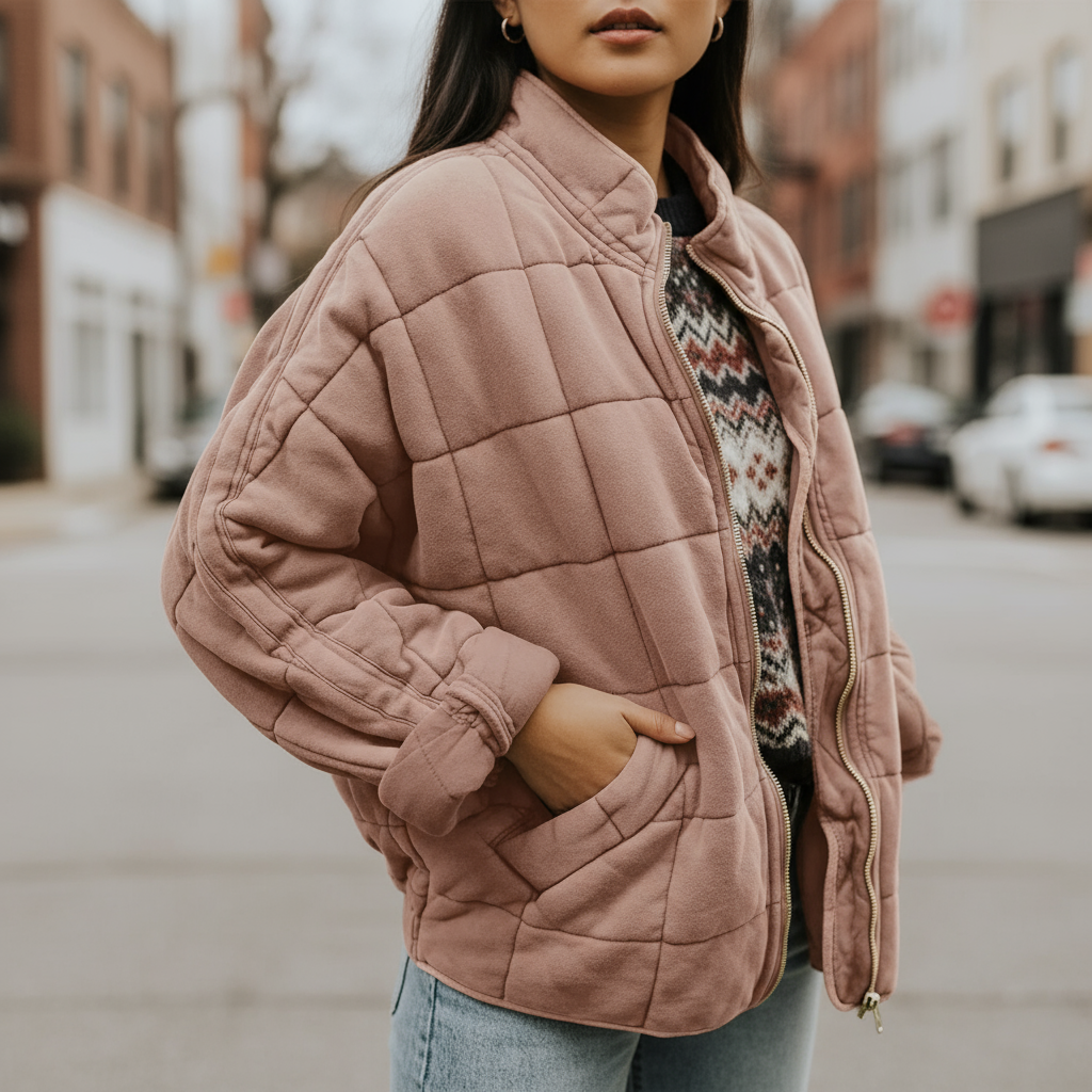 Person wearing a pink quilted jacket on a city street