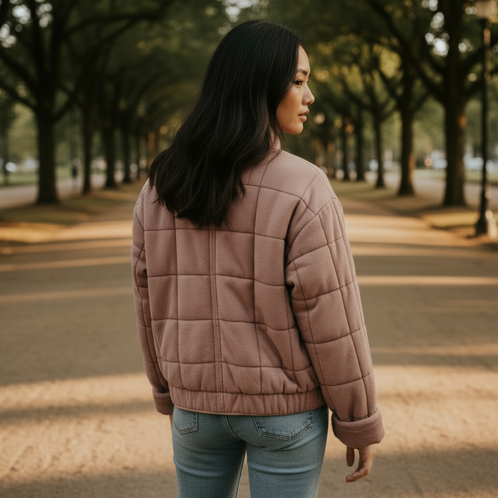 Woman wearing a quilted jacket walking on a sidewalk with trees in the background