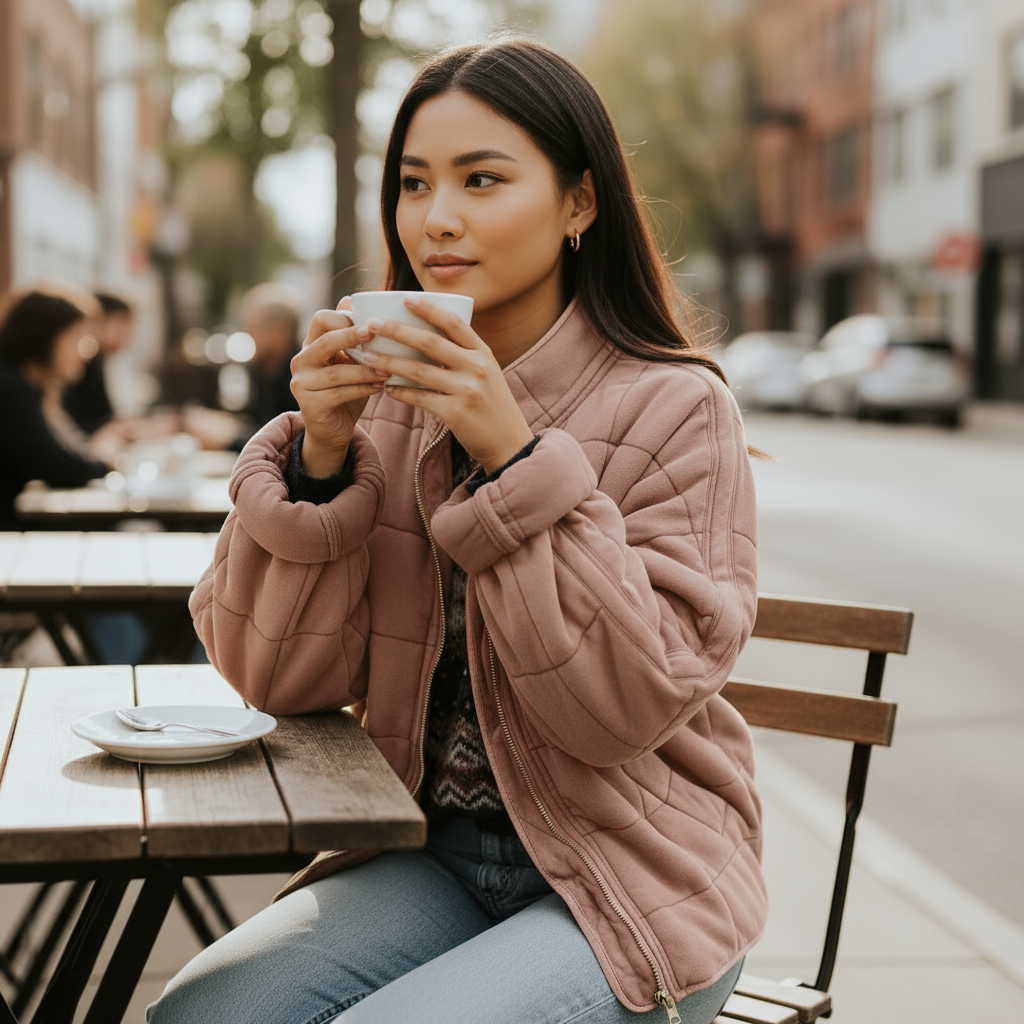 Woman in a pink coat holding a cup outdoors