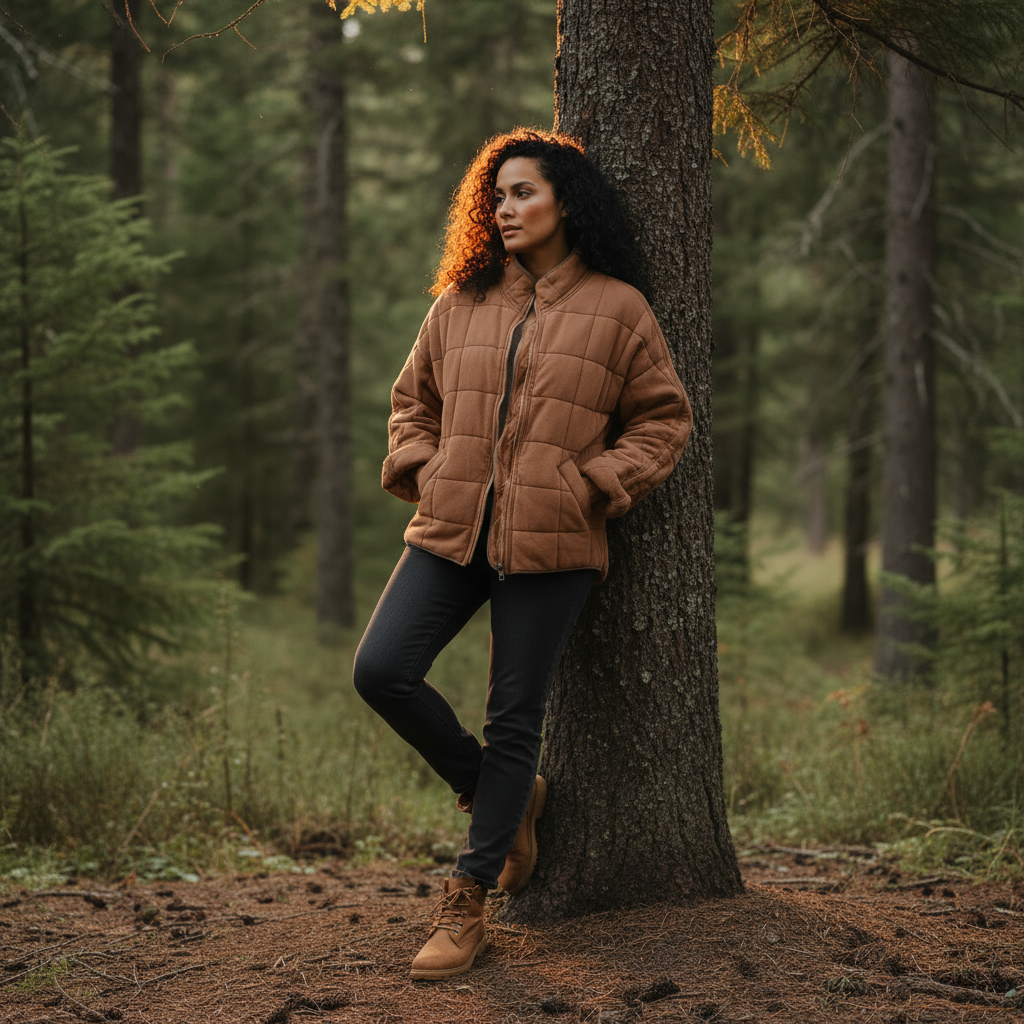 Woman in a brown quilted jacket standing next to a tree in a forest