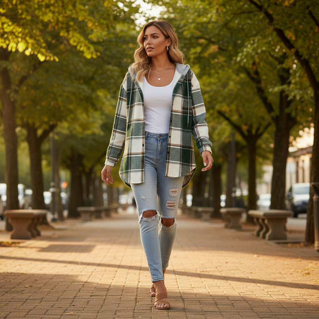 Woman walking on a tree-lined street wearing a plaid shirt and ripped jeans.