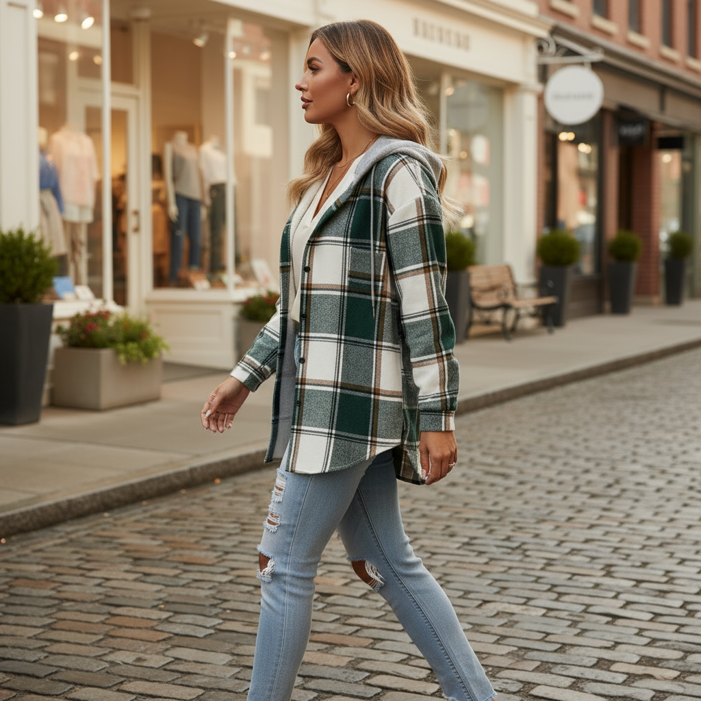 Woman walking on a cobblestone street in an urban setting