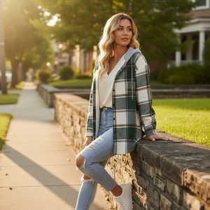 Woman in plaid shirt and jeans leaning against a stone wall outdoors