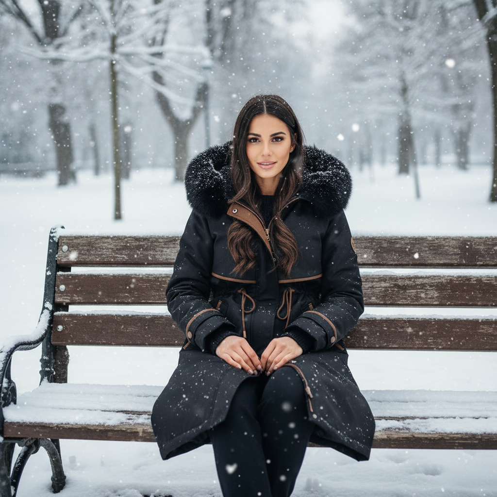 Woman sitting on a snow-covered bench in a park during a snowfall