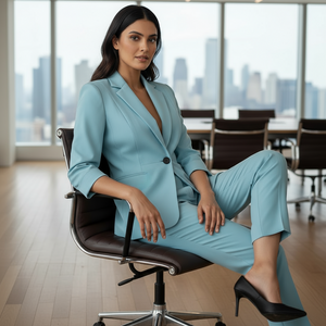 Woman in a light blue suit sitting on a chair in an office with a cityscape view.