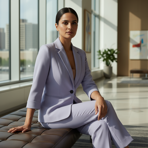 Woman in a light purple suit sitting on a bench in a modern office setting.