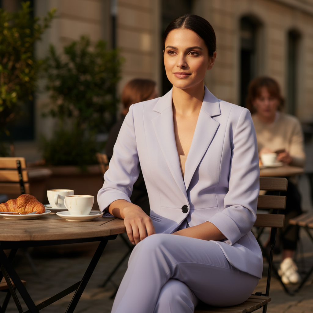 Woman in a light purple suit sitting at an outdoor cafe table with coffee and pastries.