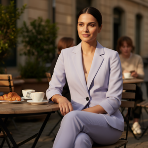 Woman in a light purple suit sitting at an outdoor cafe table with coffee and pastries.