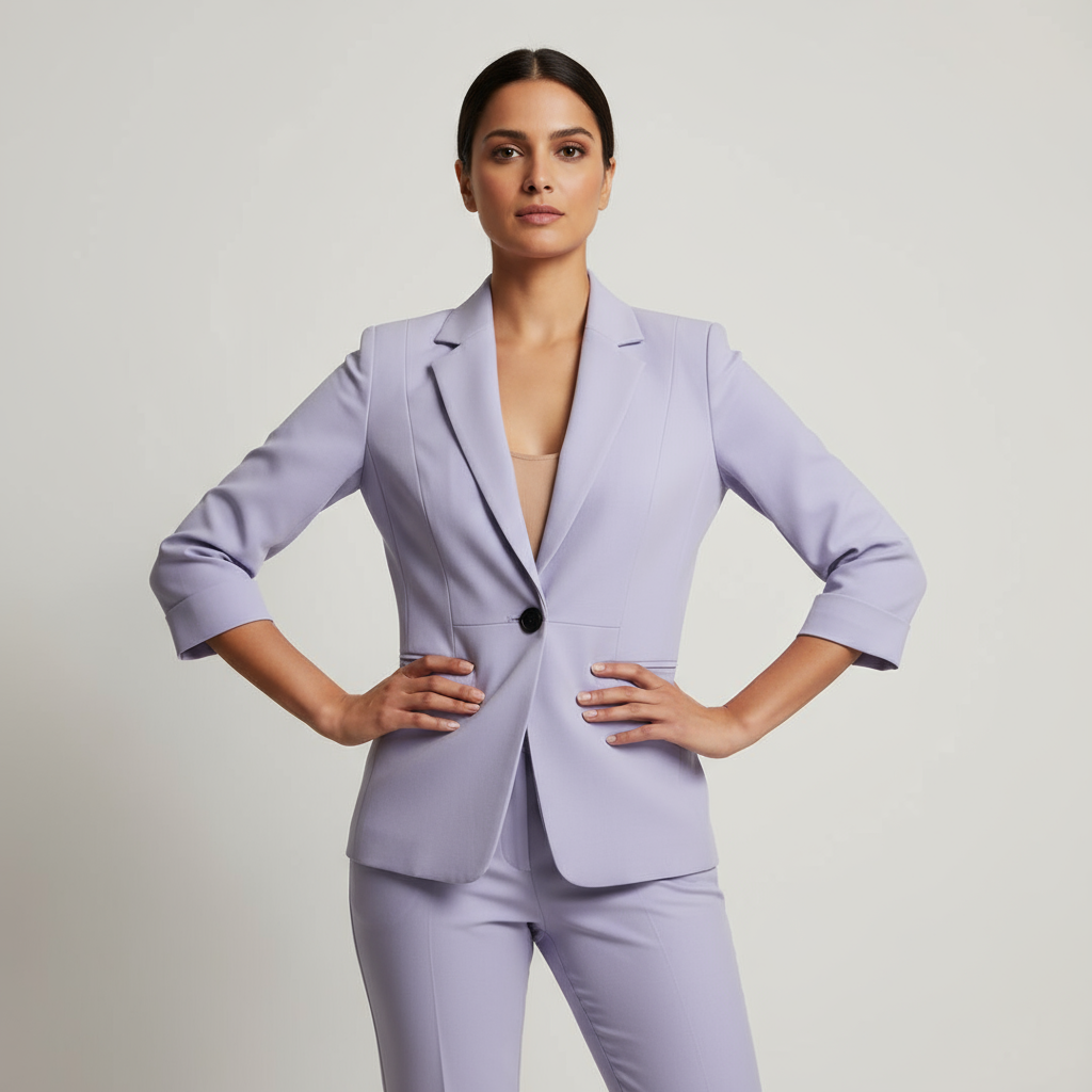 Woman wearing a light purple suit against a plain background