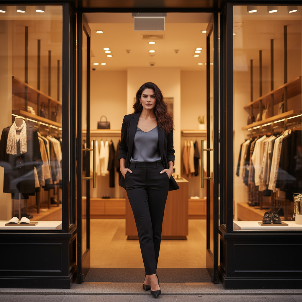 Woman standing in front of a clothing store entrance
