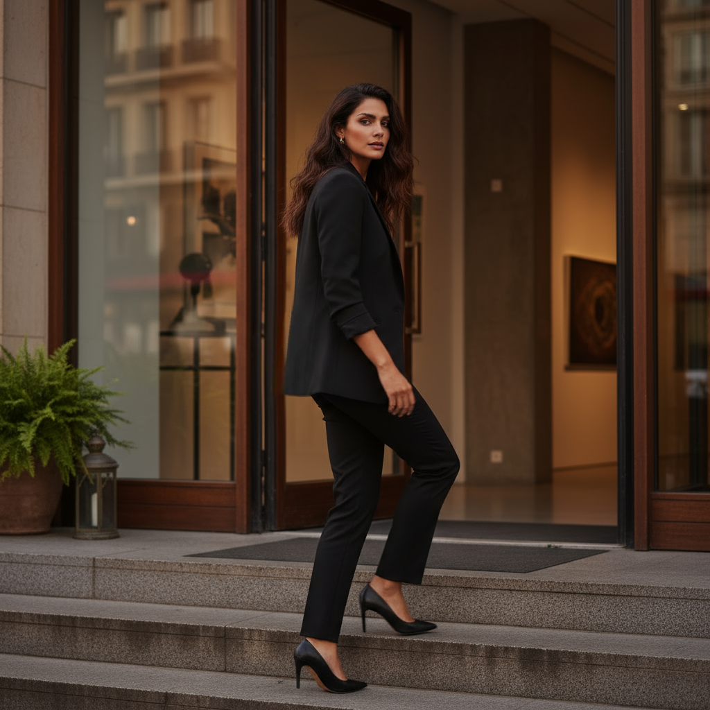 Woman in a black suit standing on steps outside a building