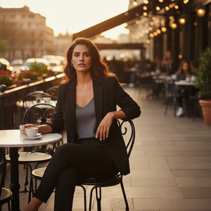 Woman sitting at an outdoor cafe table with a cup of coffee, surrounded by a warm, evening atmosphere.