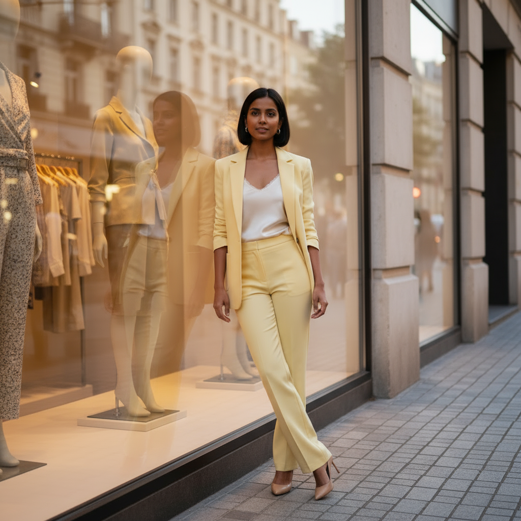 Woman in a yellow suit standing in front of a clothing store window display.
