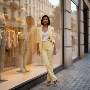 Woman in a yellow suit standing in front of a clothing store window display.