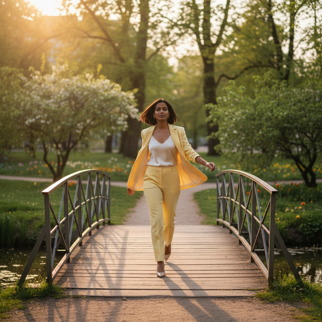 Woman in a yellow suit walking across a wooden bridge in a park.