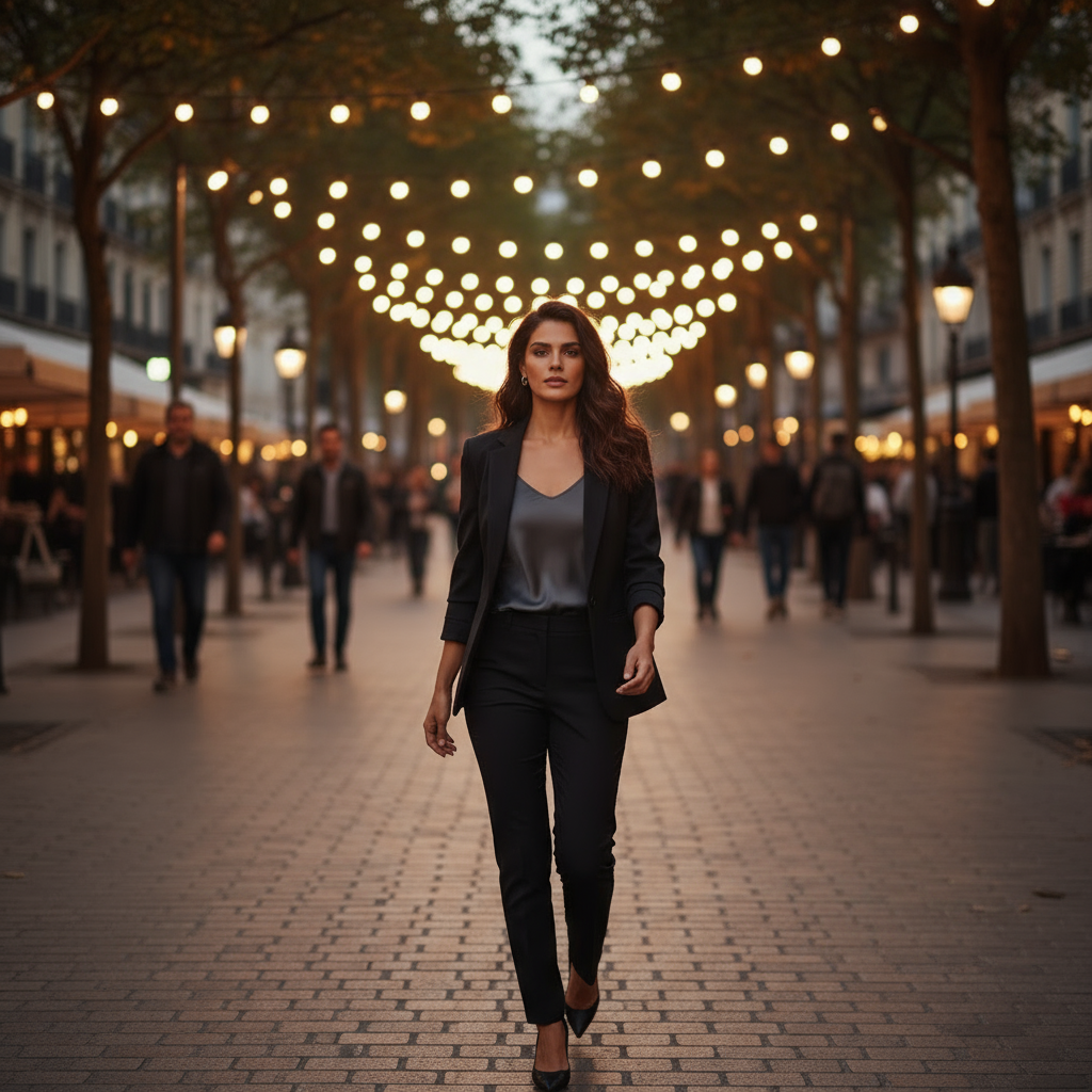 Woman walking on a street with string lights above