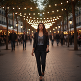 Woman walking on a street with string lights above