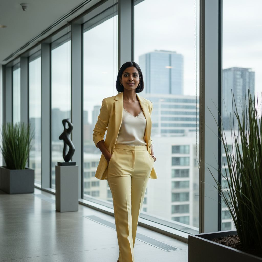 Woman in a yellow suit standing in an office with large windows and cityscape view