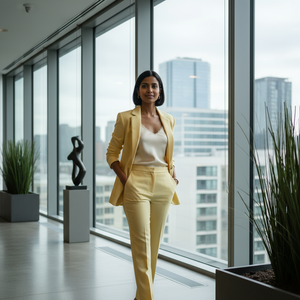 Woman in a yellow suit standing in an office with large windows and cityscape view