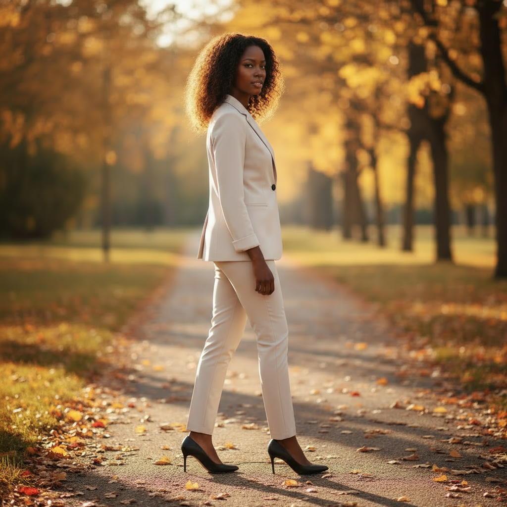 Woman in a white suit walking on a path in a park with autumn leaves