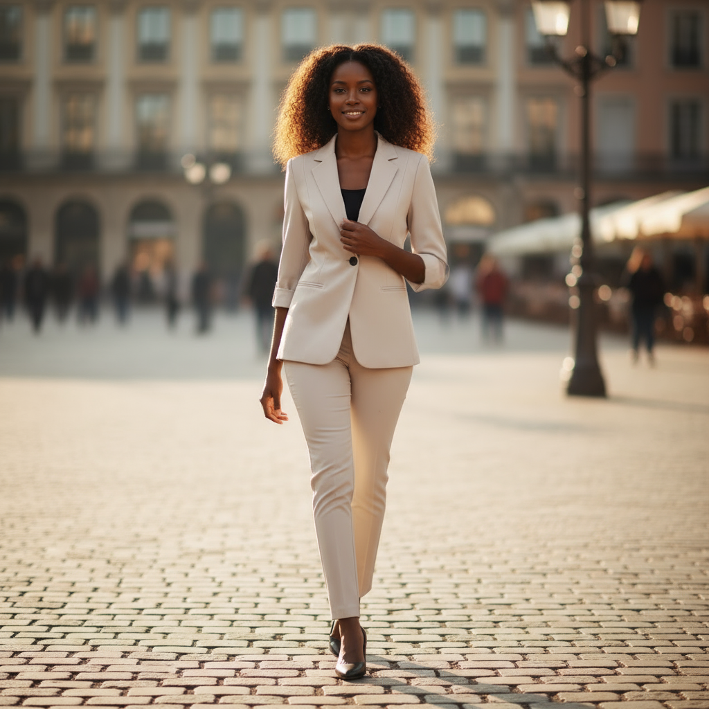 Woman in a beige suit walking on a cobblestone street with a blurred background
