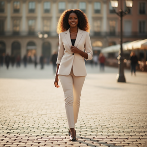 Woman in a beige suit walking on a cobblestone street with a blurred background