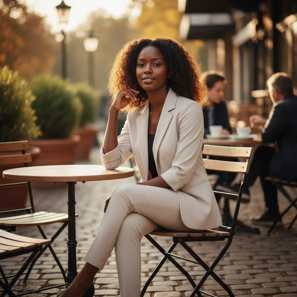 Woman in a beige suit sitting at an outdoor cafe table.