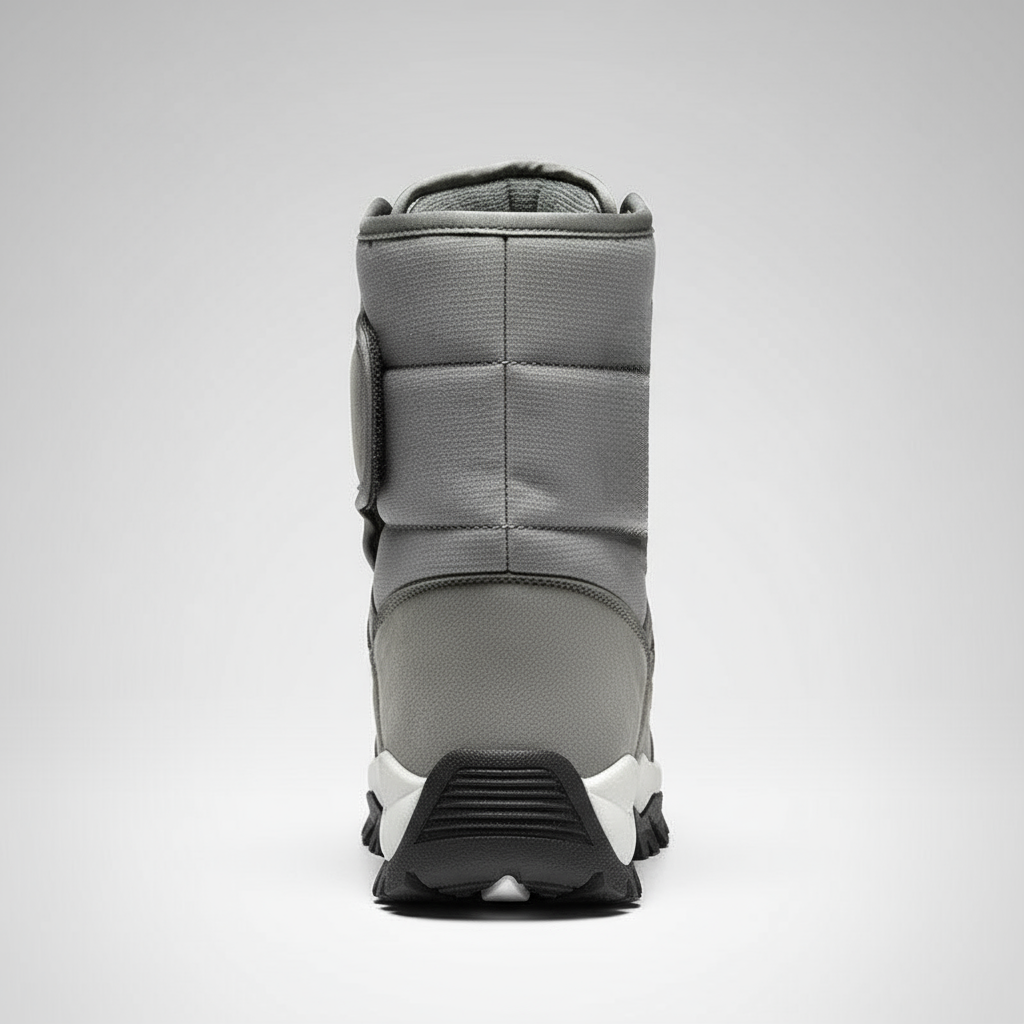 Gray winter boot with a white sole on a light gray background