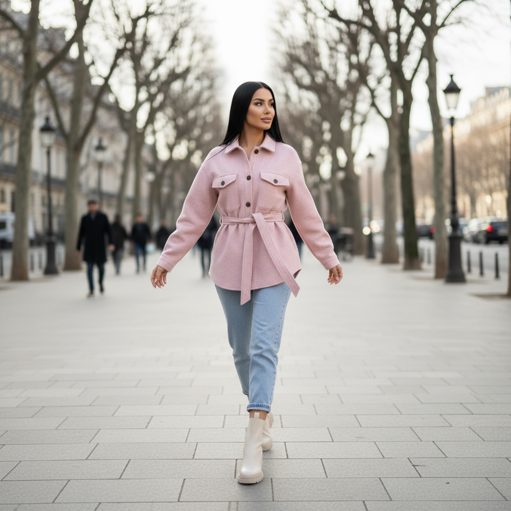 Woman in a pink coat walking on a city street with trees and people in the background