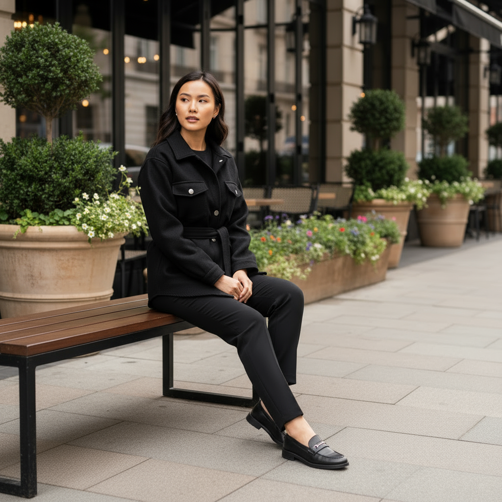 Woman in a black outfit sitting on a bench in an urban setting with plants and buildings in the background.