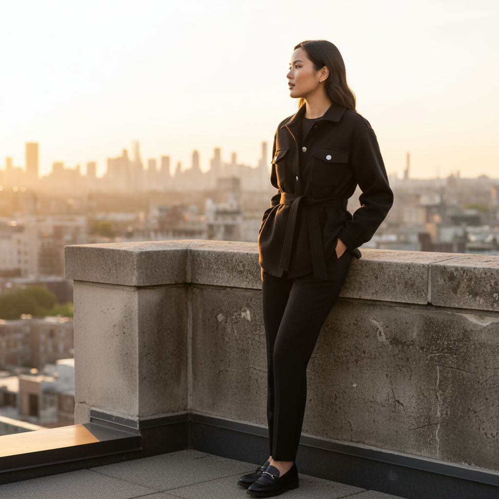 Woman standing on a rooftop with a cityscape in the background during sunset.