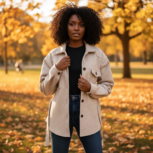 Woman in a beige coat standing in an autumn park with trees and fallen leaves.